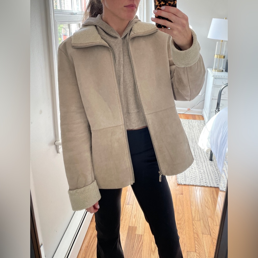 Leather and shearling beige and ivory oversized jacket